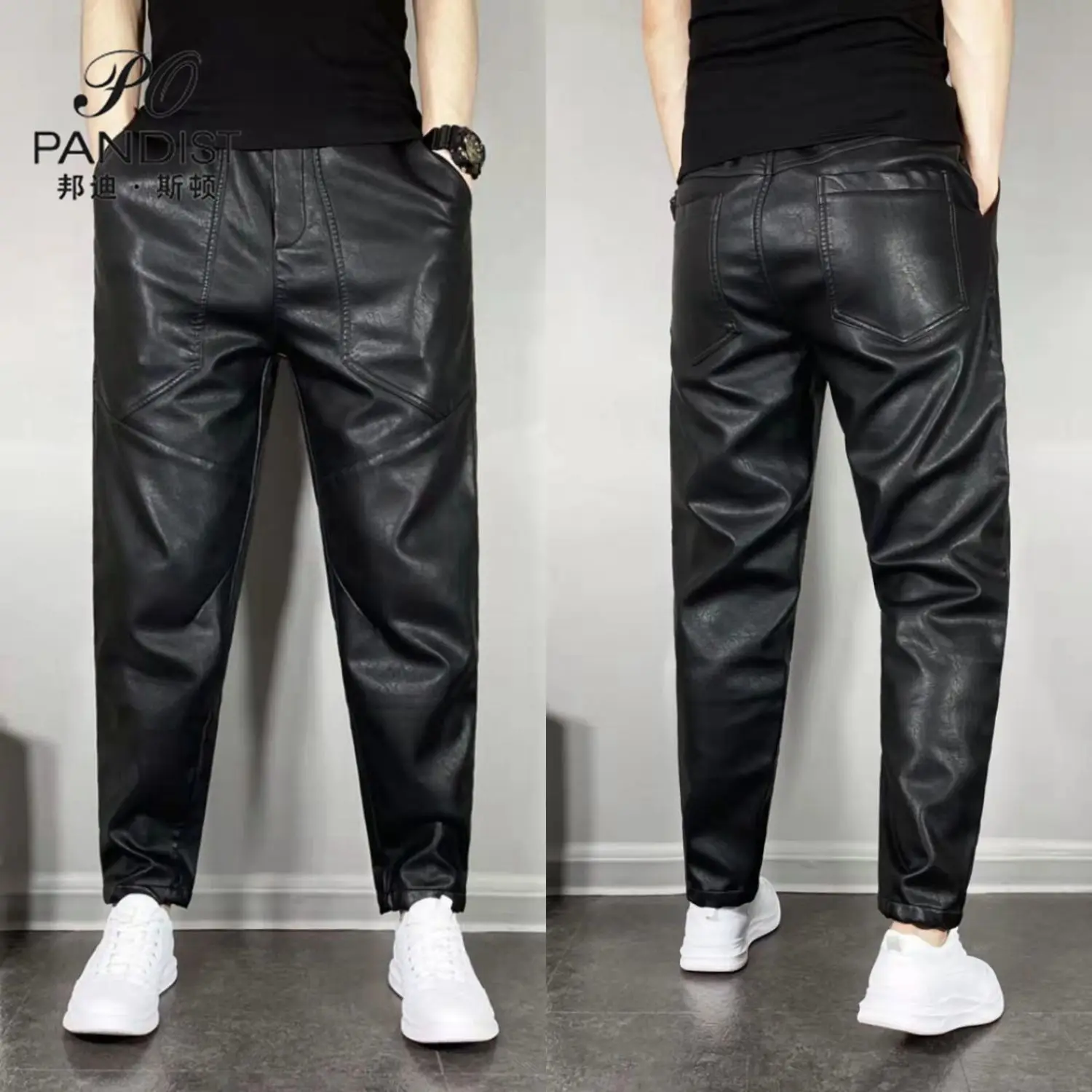 Casual Autumn and Winter Elastic Waist Leather Pants for Men Korean Fleece Heat Motorcycle Windproof Solid Color Black Trousers 3