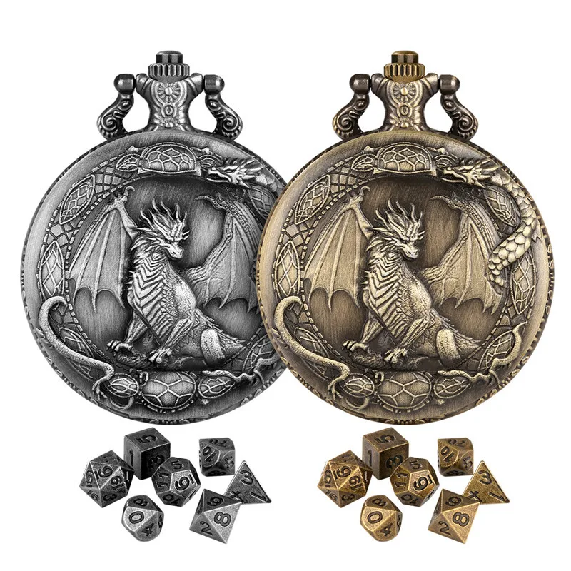 7-teiliges Mini-Würfel-Set aus Metall, polyedrisch, für Tischtafel, Rollenspiele, Gaming, antike Drachenflügel, Taschenuhrengehäuse, Fob-Kette – Detail 2