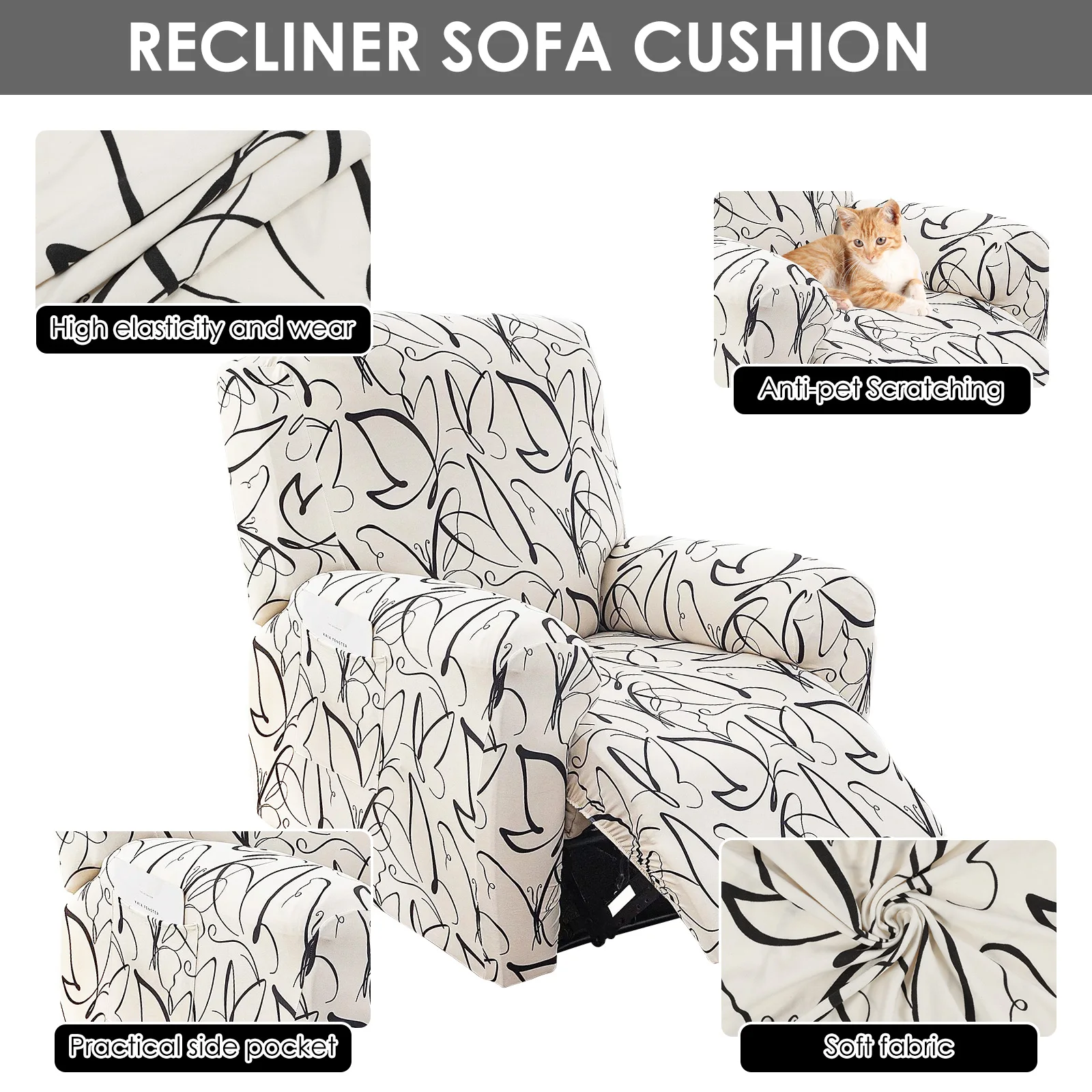 4Pcs Elastic Recliner Sofa Cover Printed Stretch Recliner Slipcovers with Side Pockets Non Slip Sofa Slipcovers for Living Room 2