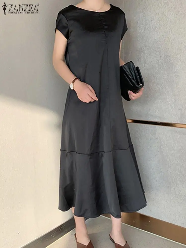 

Fashion Korean Short Sleeve Robe ZANZEA Women Holiday Solid Dress 2024 Summer O-neck Maxi Sundress Casual Loose Patchwork Dress