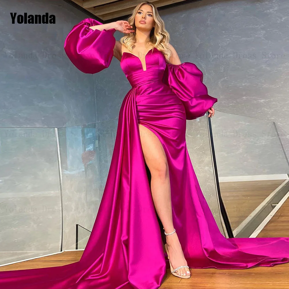 

Pink Exquisite Mermaid Evening Dresses Front Split 2024 New Satin Puff Sleeve Open Back Party Dress Floor Length Robe de soirée