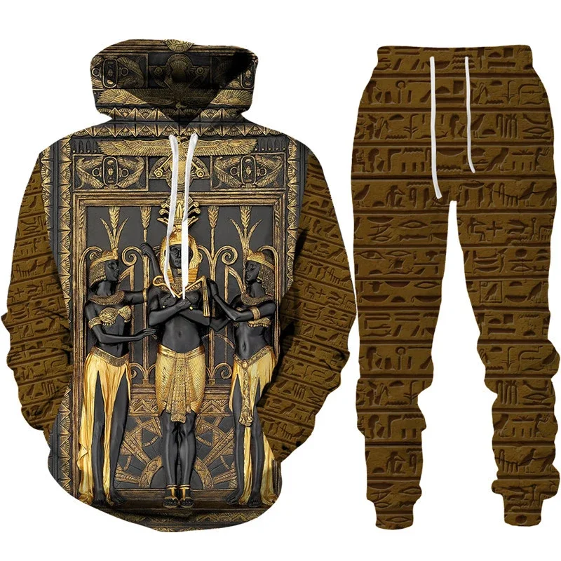Autumn Winter 3D Printed Hoodies Suit Ancient Horus Egyptian Style Man Pants 2pcs Set Oversized Casual Pullover Tops Hot-selling