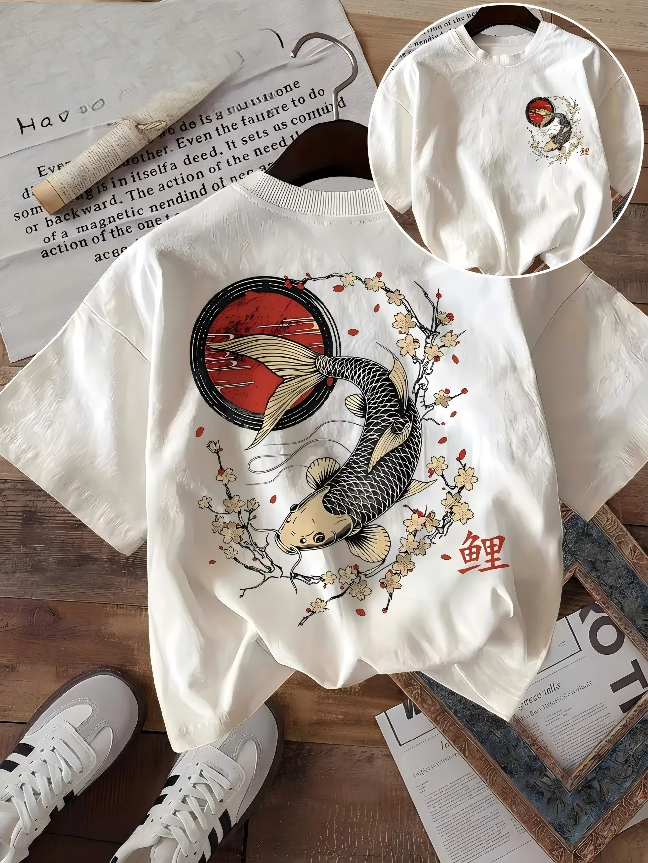 Japanisches Koi-Fisch-Grafik-T-Shirt, Vintage-Sakura-Blumen-Kunst-Oberteil, trendiges, ästhetisches, lockeres Kurzarm-Sommer-T-Shirt für Damen