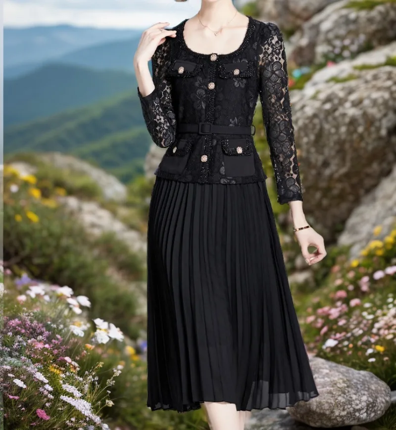 

Vintage Women Dress Bodycon Pleated Black Lace Flora Elegant Women's Clothing Runway Design Long Sleeve Evening Vestidos