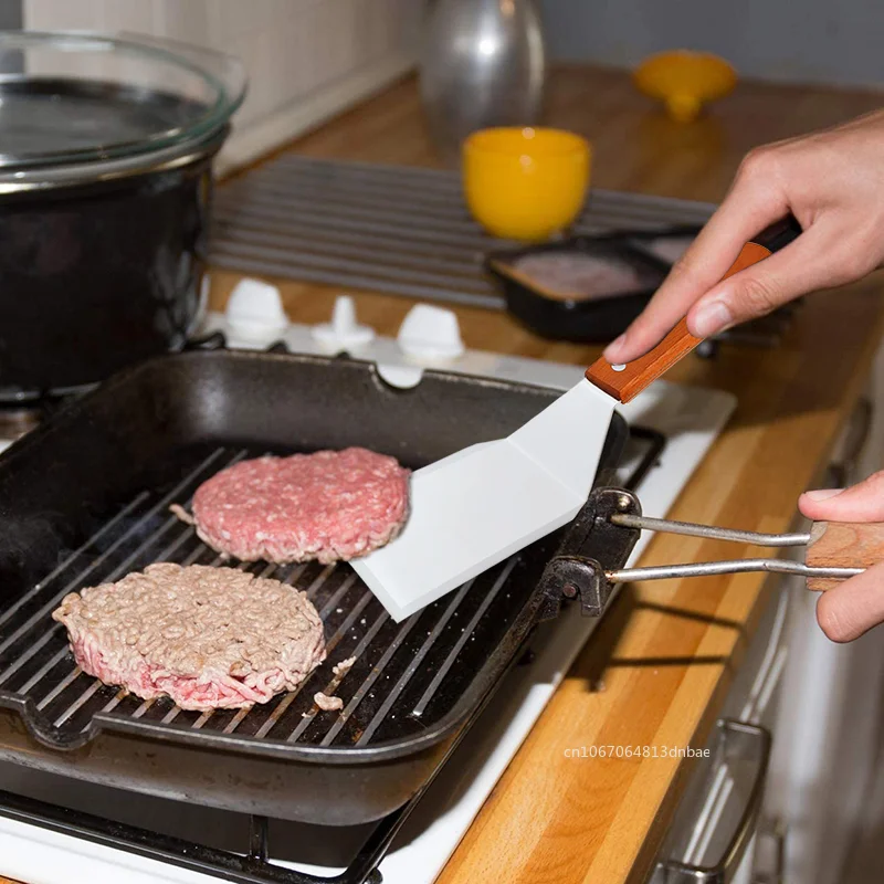 1pc Stainless Steel Square Head Steak Cooking Spatula BBQ Kitchen Utensils Wood Handle Pizza Shovel Pancake Beef Turner Scraper