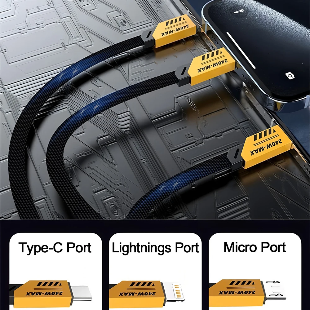 2-in-3 240W USB/Type-c To Type-c/Micro/L Super Fast Charging Mecha Data Cable 1.2M For iPhone 16 15 Samsung Xiaomi Huawei Tablet