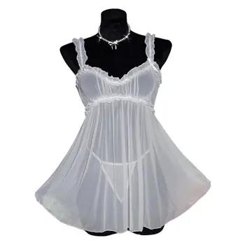 Women Erotic Lingerie Nightgown Summer 2024 Mesh See Through Suspender Nightdress White Lace Split Sexy Babydoll Set With Thong