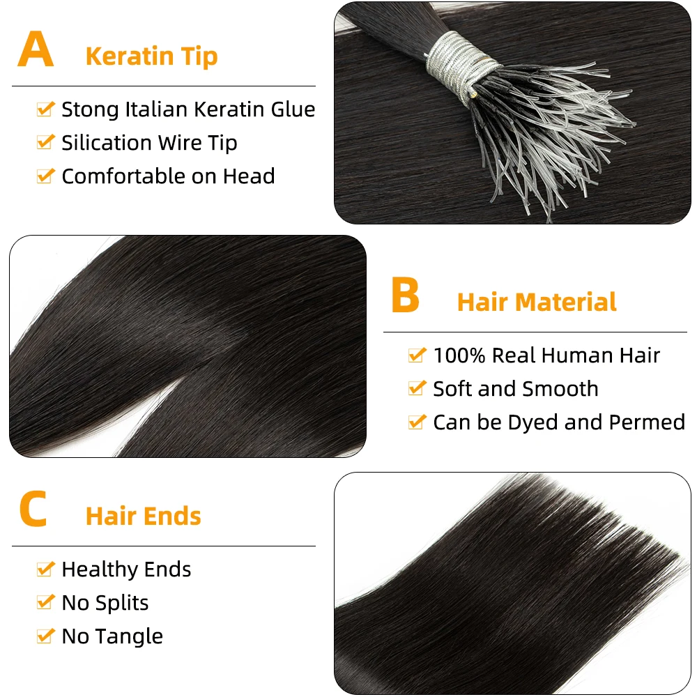 Isheeny Flexible F Tip Hair Extensions 16" 20" 24" Natural Invisible Nano Ring Hair Microlink Human 1g/s Micro Beads