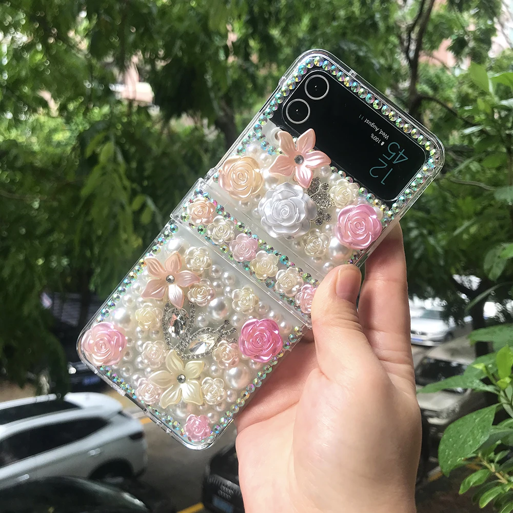 

Luxury Fashion Rhinestone Floral Phone Case For Samsung Galaxy ZFlip 5 4 3 Colorful Diamond Crystal Pearl Gradient Flowers Cover