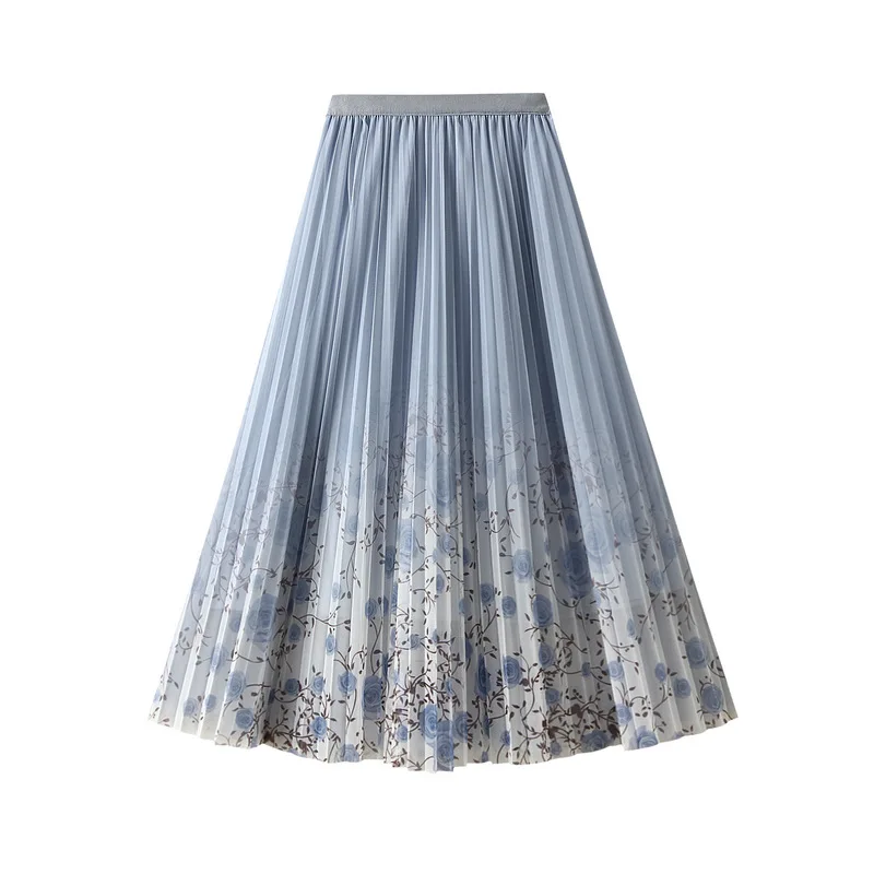 

Женская сетчатая юбка с принтом на весну/лето 2024, юбка средней длины из пряжи с цветочным принтом, плиссированная юбка с драпировкой, длинная юбка