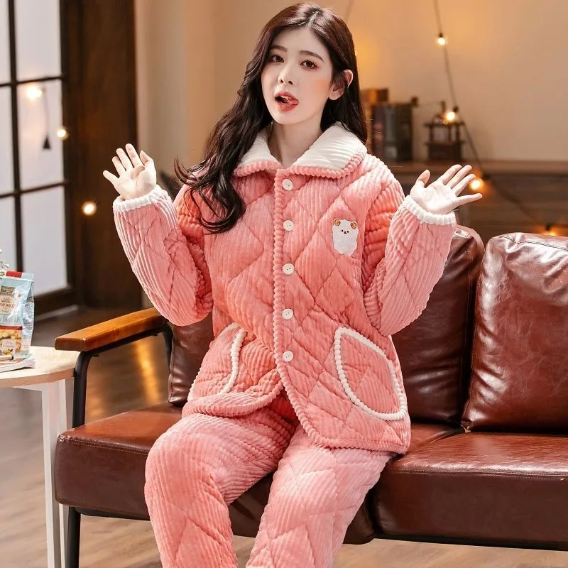 2023 new Women's Winter Pajamas Thickened Plush Loungewear Coral Velvet Insulation Three-layer Cotton Sandwich Flannel Homewear