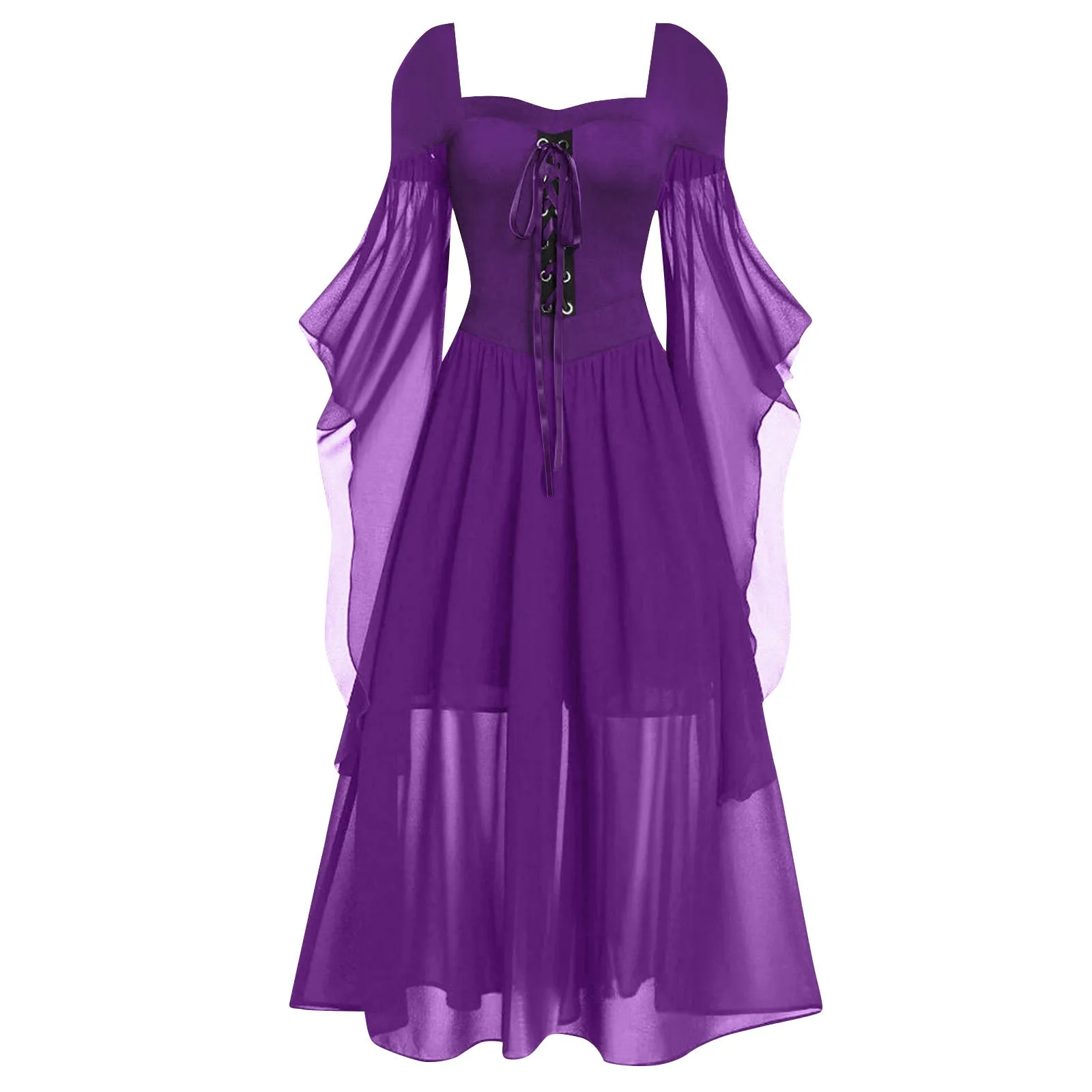 

Women's New Mesh Lace Strapping Big Swing Dresses Solid Color Long Sleeve Christmas Long Skirt For Women