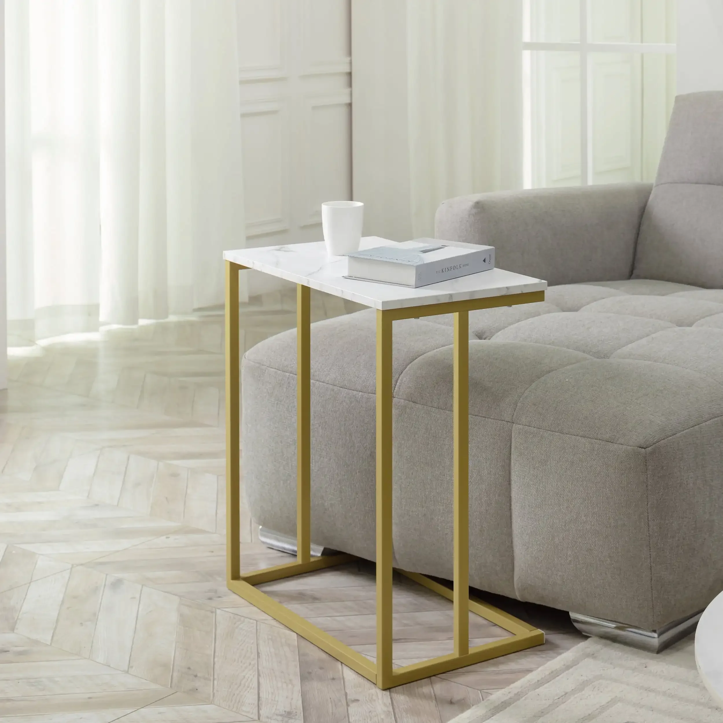 

Prilinex Benton Faux Marble C Shaped End Table, White/Gold