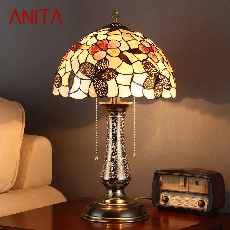 

ANITA European Brass Vase Table Lamps LED Creative Modern Tiffany Shell Decor Desk Light for Home Living Room Bedroom