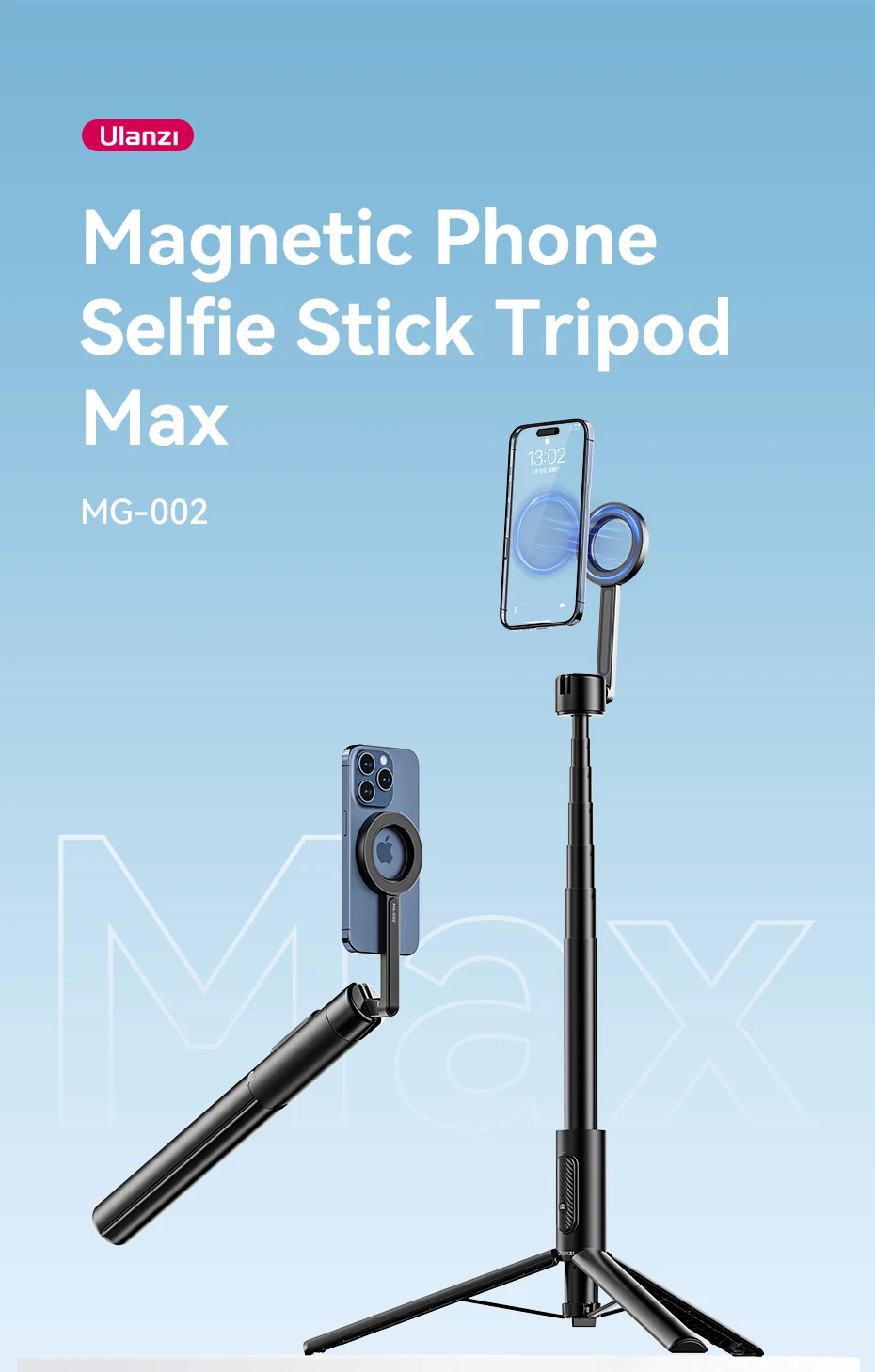 MG-002 Max Magnetic Phone Selfie Stick Tripod with Remote 1.64m Extendable Selfi
