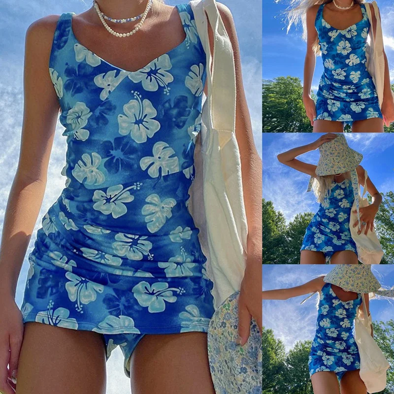 Floral Print Cute Y2K Mini Dresses Women Beach Vacation Clothes Sleeveless Spaghetti Strap