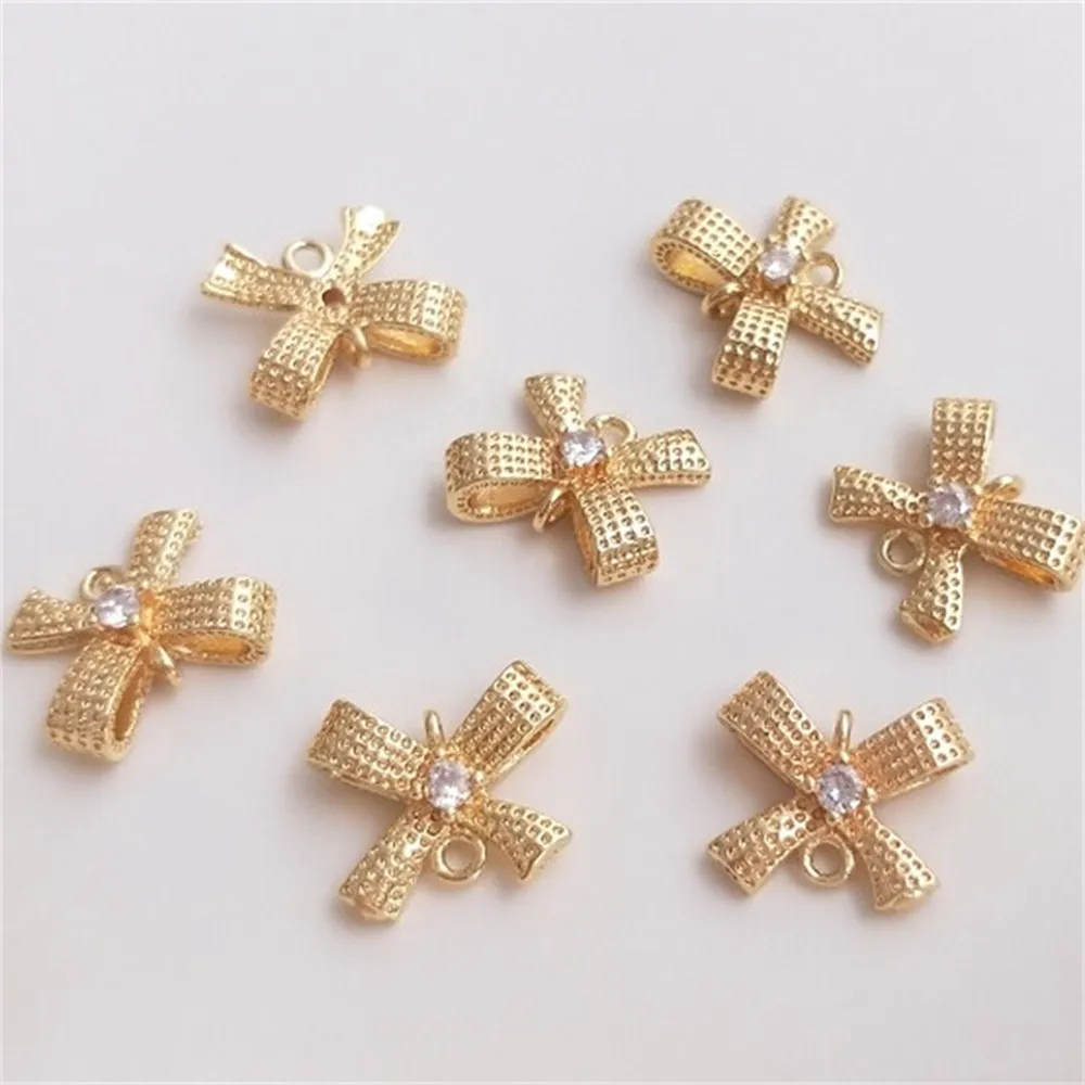 14K Gold Inlaid Zirconium Three-dimensional Bow Double Hanging Accessories DIY Earring Jewelry Bracelet Pendant Accessories K154 5pcs 3d printer accessories cr 6 se ender 3 s1 brass nozzle chromium zirconium copper printing nozzle