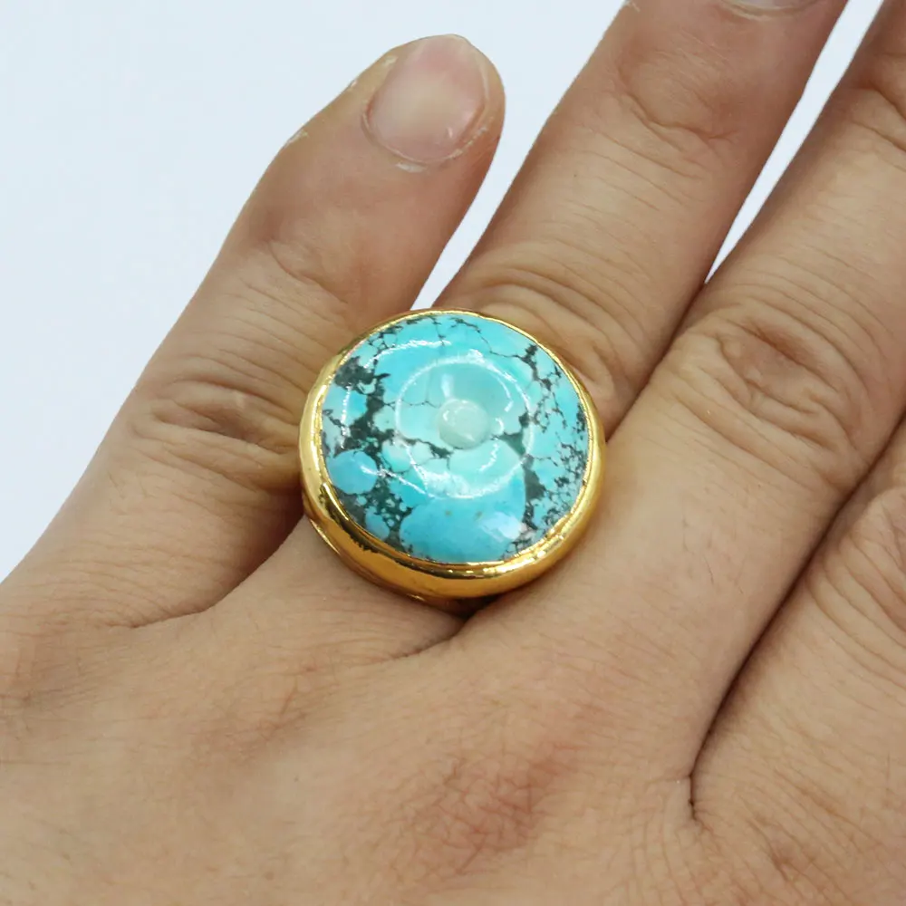 

Natural Blue Turquoise Gold Plated Ring Gold color Electroplated Rings Adjustable