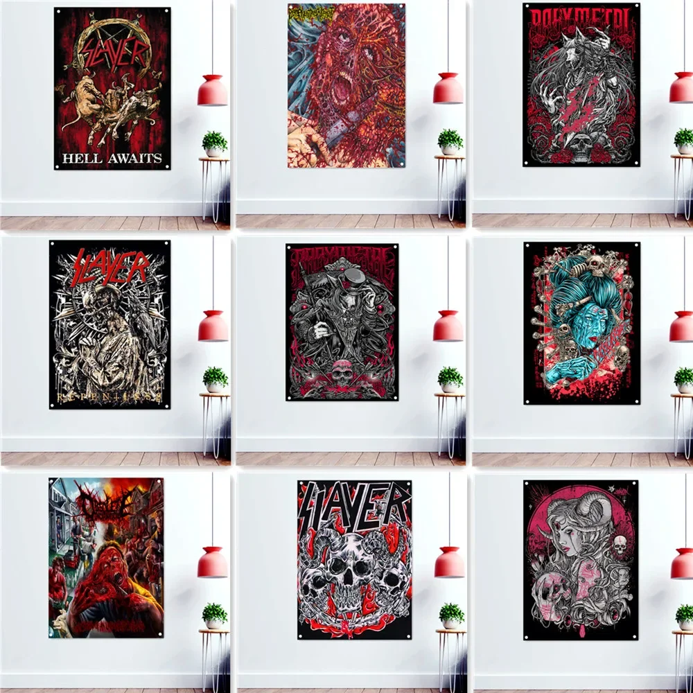 

Отвратительный кровавый художественный постер, гобелен рок-группы, тяжелый металлический музыкальный баннер, Настенный декор, рисование черепа, тату, искусство, темный смертельный флаг