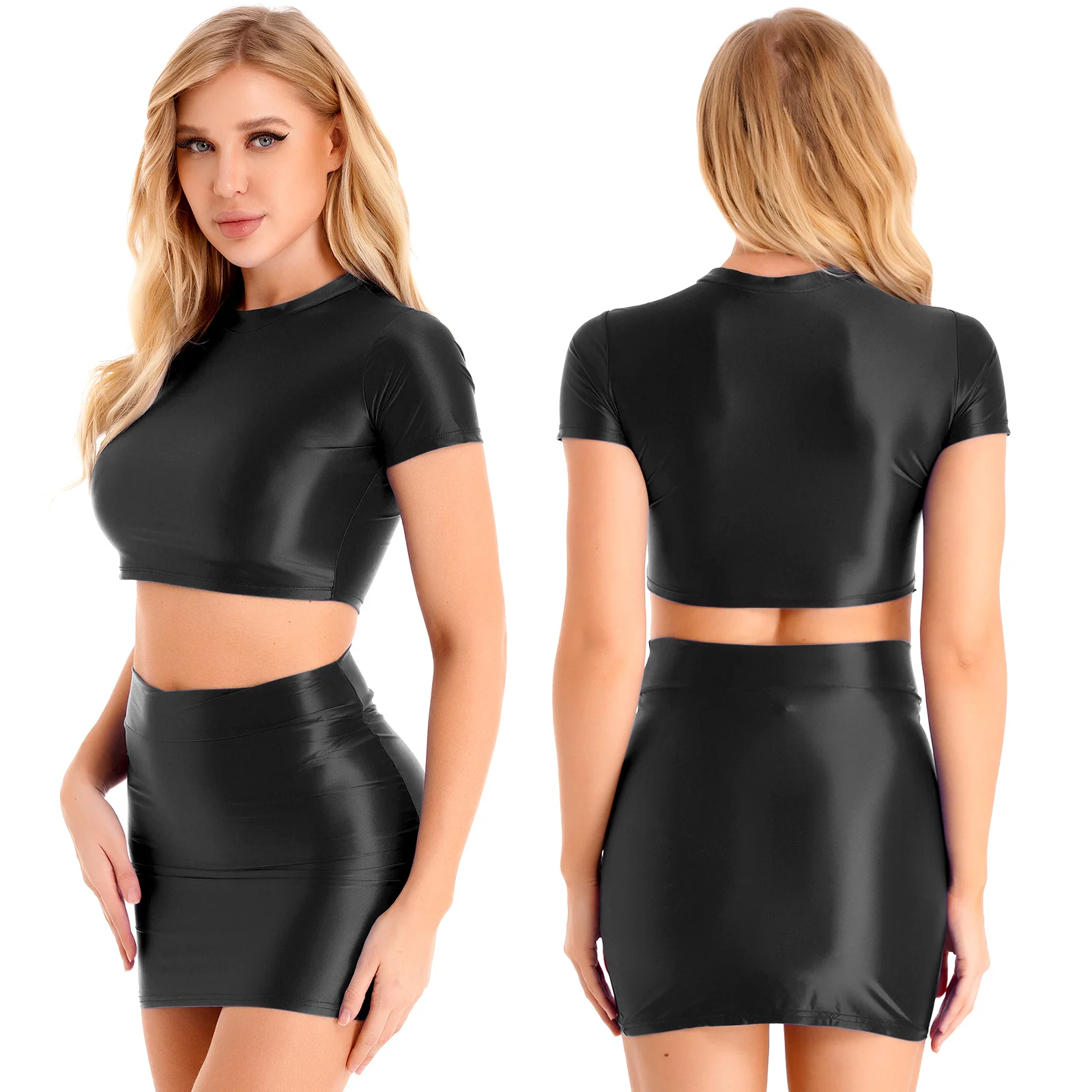 thumbnail image 1 of Conjuntos de faldas de vestir para mujer, conjuntos de dos piezas, ropa de discoteca, Top corto de manga corta con cuello redondo y falda de cintura alta, conjuntos Rave, 1 of 5