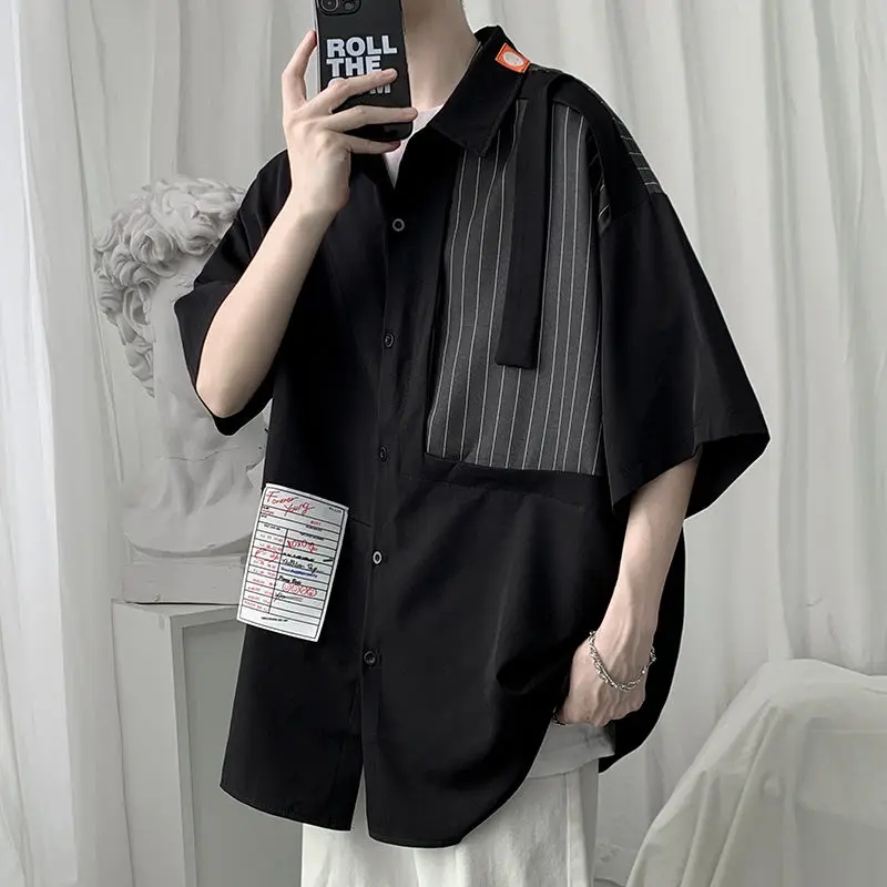 Men Shirts Turn-down Collar Button Patchwork Asymmetrical Short Sleeve Loose Fashion Streetwear Summer Thin