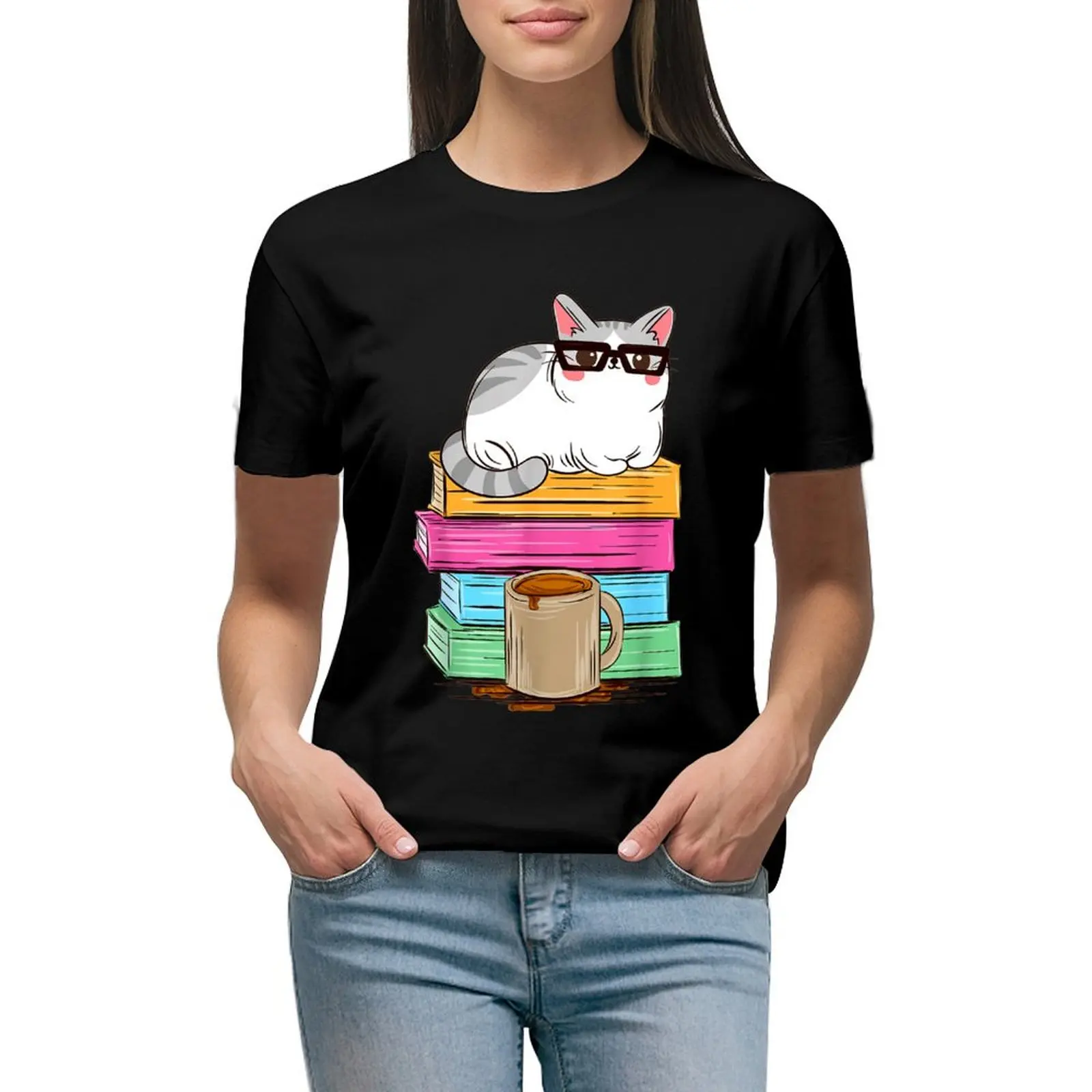 

Student Teacher Cat Reading Coffee Kitty T-shirt cute clothes summer top anime clothes summer clothes for Women