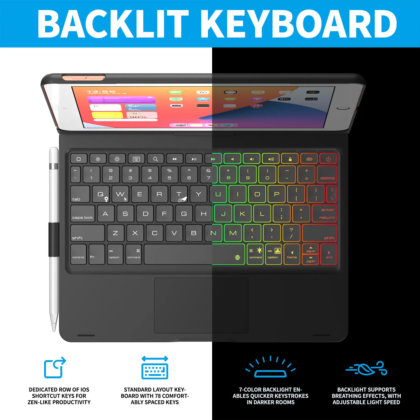 iPad 10.2 バッグライト Bluetoothキーボード 360度回転機能 iPad 10.2 第7世代 7色LEDバックライト キーボードケース 360度