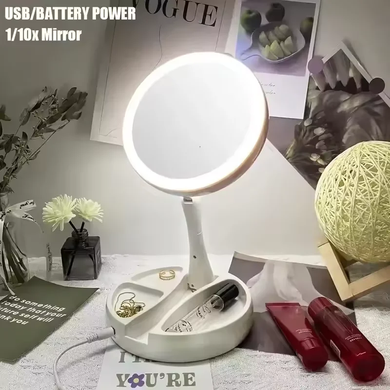 13892-6d7192.png 1X 10x Magnifying Vanity Mirror with LED Lighted Flexible Foldable Desk Makeup Mirror Lighting Dressing Makeup Lamp - Image 1