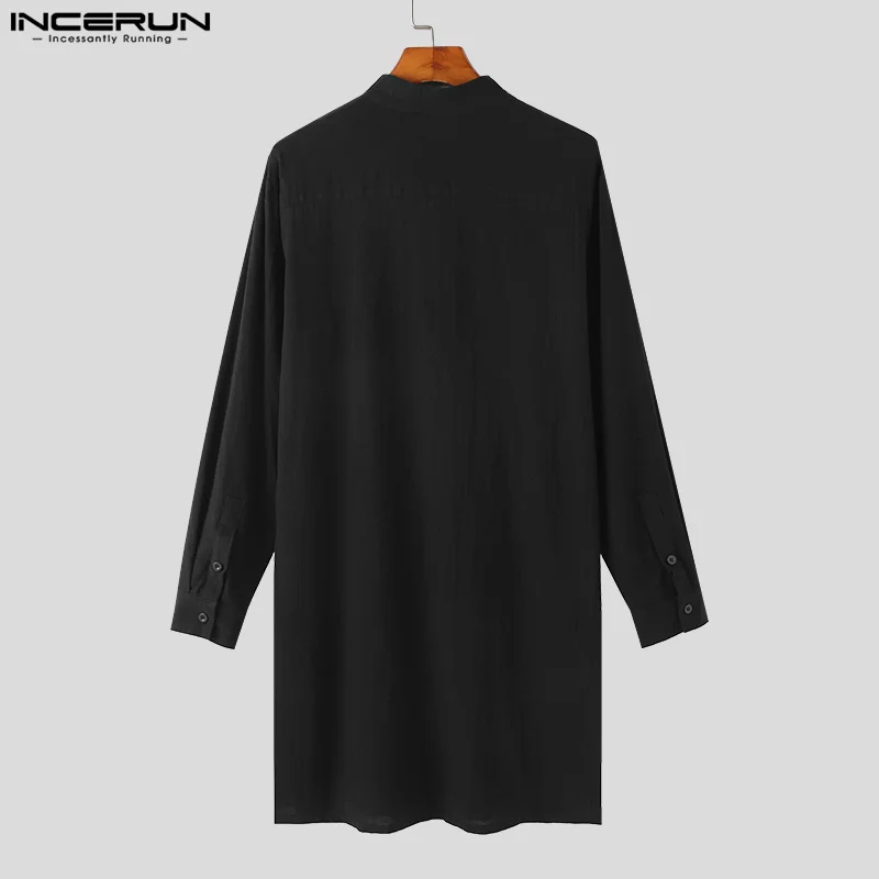 INCERUN 2023 Muslim Style Men's Solid Color Shirts Leisure Streetwear Hot Sale Patchwork Standing Neck Long Sleeved Blouse S-5XL