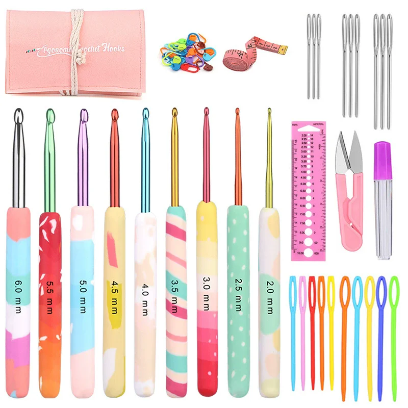 IMZAY 9Pcs Crochet Needles Kit 52Pcs Knitting Hooks Tools Accessories Set Sewing Needles Plastic Clips Scissors