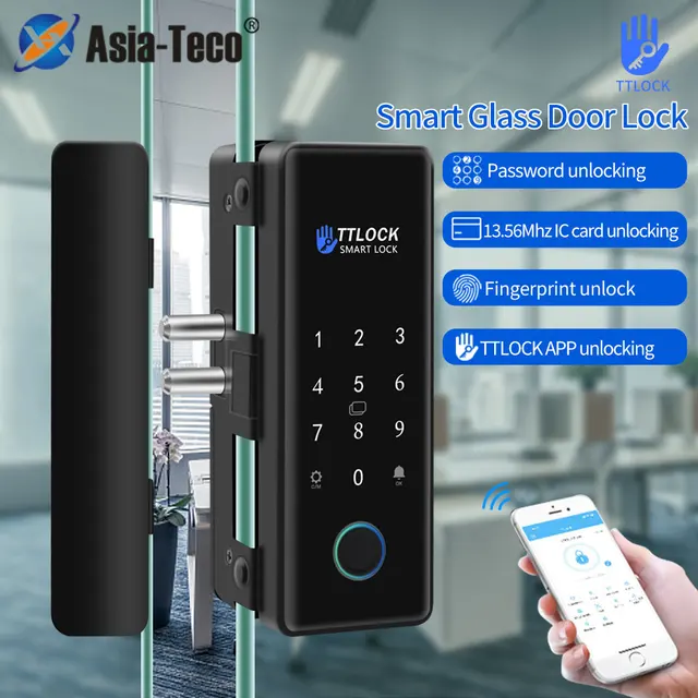 Smart Lock Bluetooth Tuya/TTLock App Control Frameless Glass Door Sliding Door Compatible RFID Card Fingerprint Installation 3