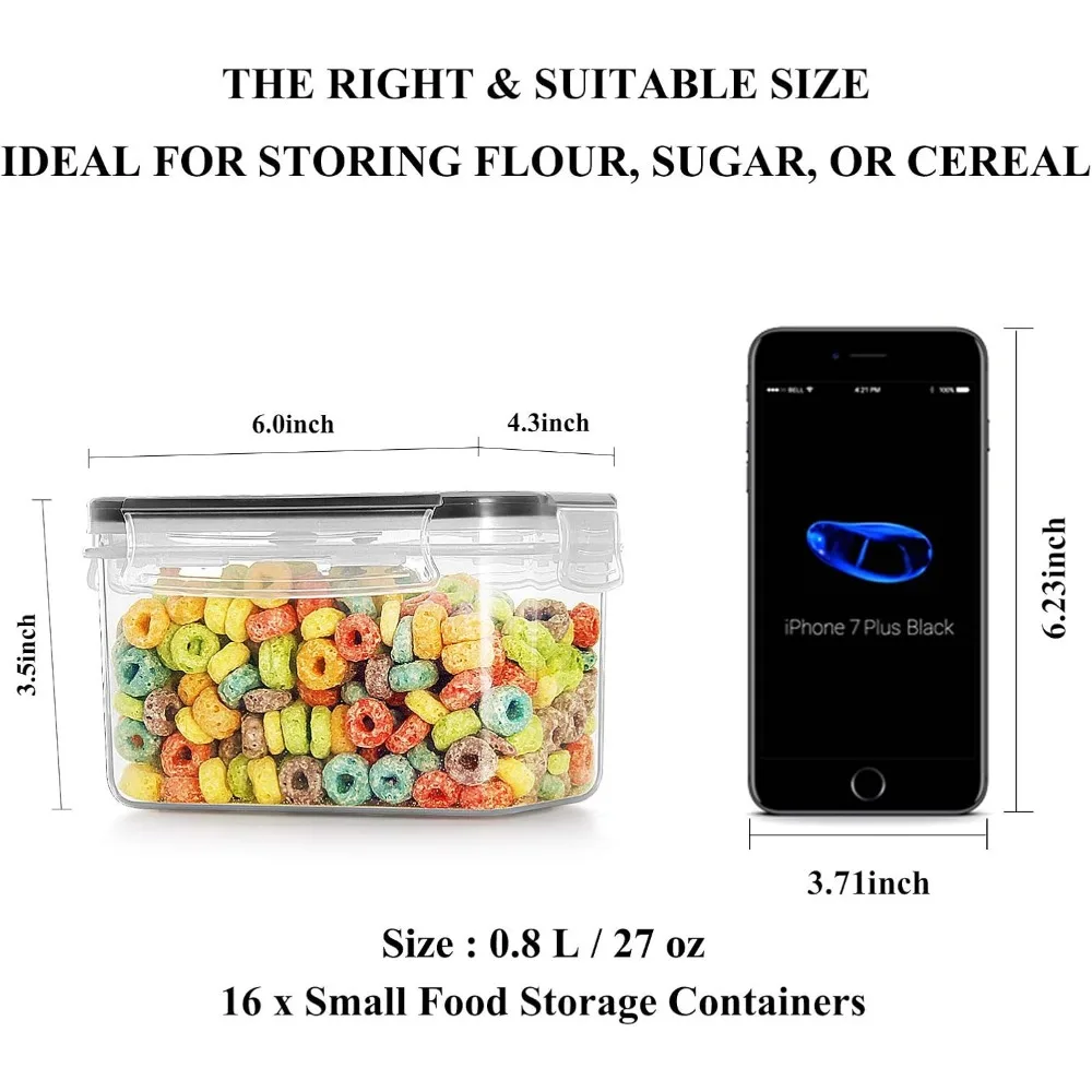 Wildone Cereal & Dry Food Storage Container Set of 16 [0.8L /3.38 Cups] for Sugar, Flour and Baking Supplies, Airtight Leak