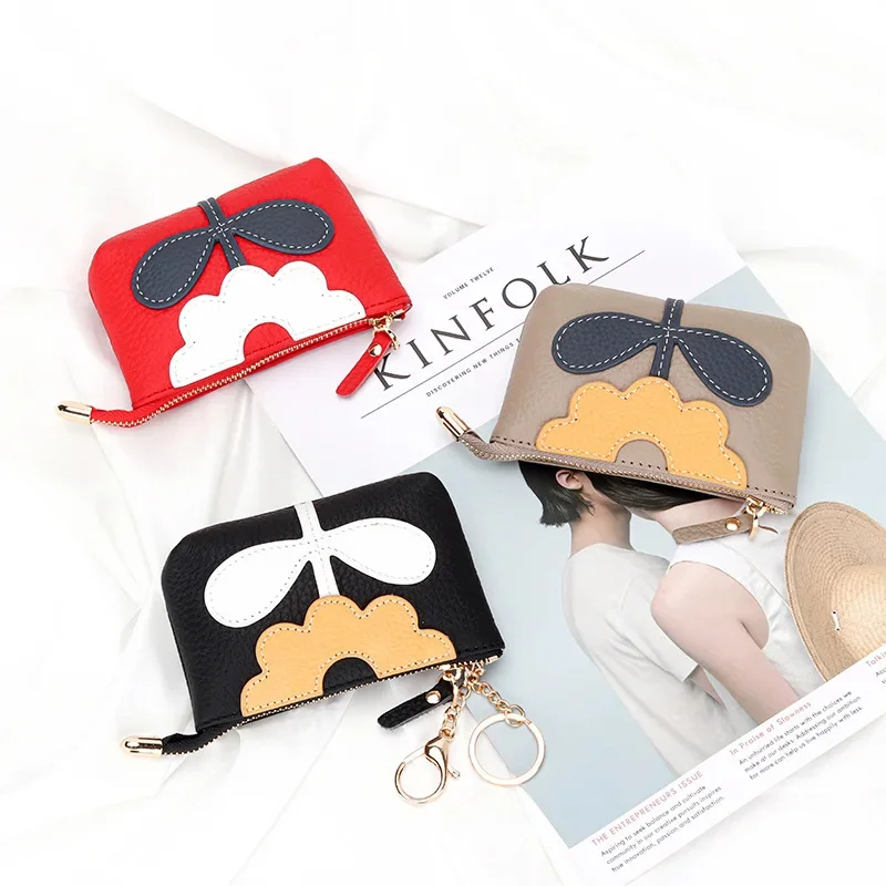 

Purse Female Leather Keychain Bag Women Zero Wallet MIni Change Bags Flower Zip Key Card Coins Earphone Lipstick Pouch