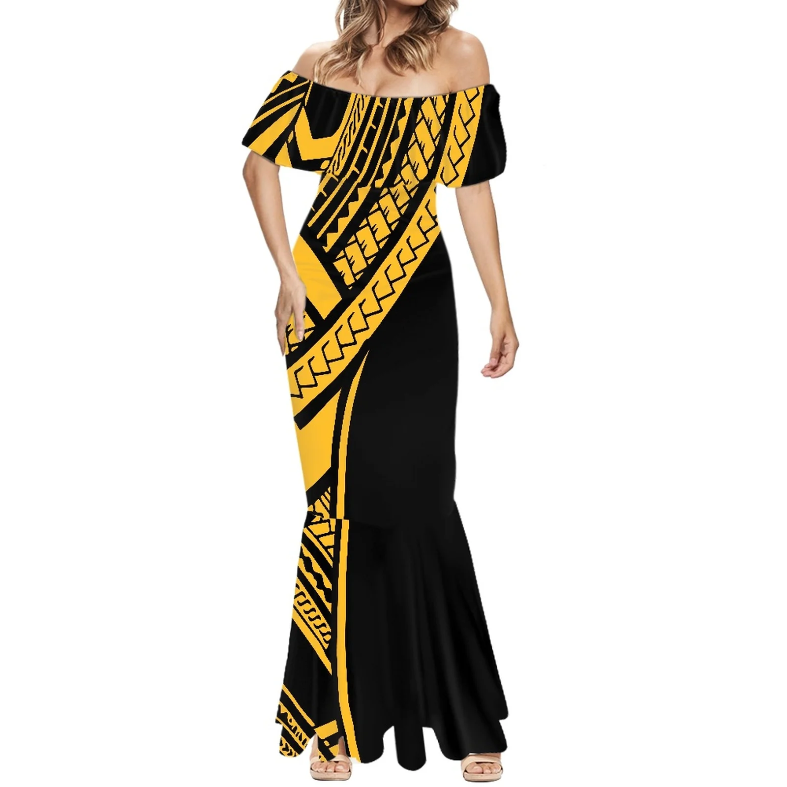 

Summer Party Fashion Sexy One-Shoulder Hawaiian Tattoos Print Beach Dress Formal Occasion Women's Short Sleeve Fishtail Dress