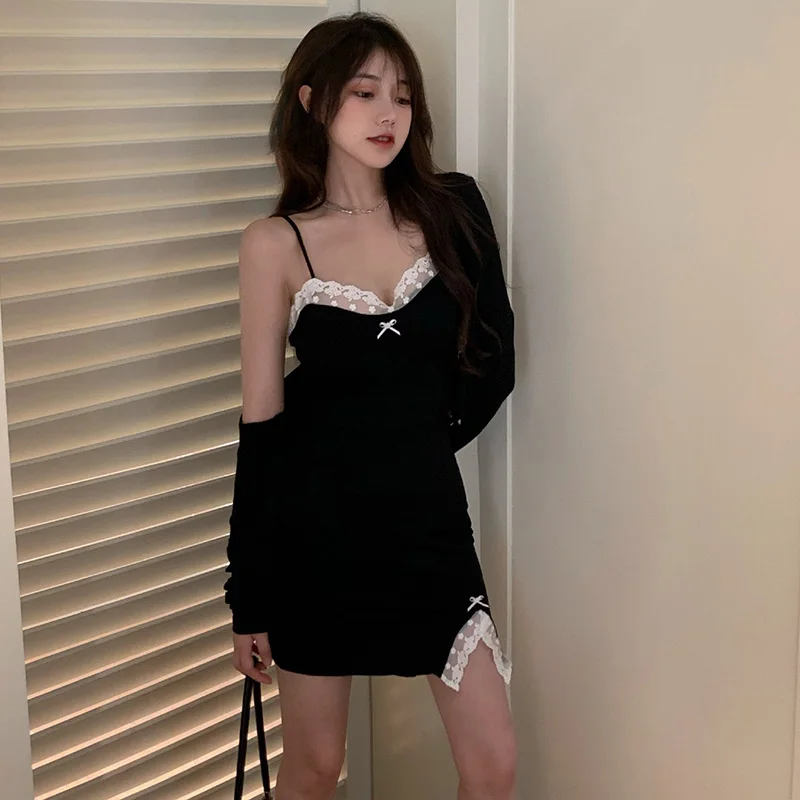 

Sling Split Sexy Lace Sleeveless Dresses Women For Women Sleeping Dress Micro Elastic Slim Fit Mini Chic Sundress Female