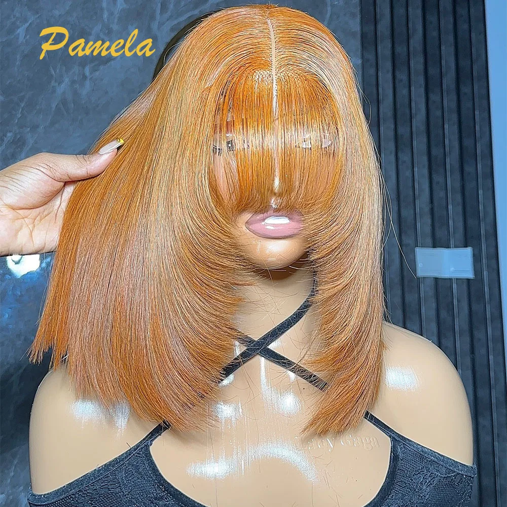 Ginger Orange Short Bob Bone Straight 13x4 Transparent Lace Frontal Glueless Human Hair Wigs With Bang Preplucked Ready To Wear