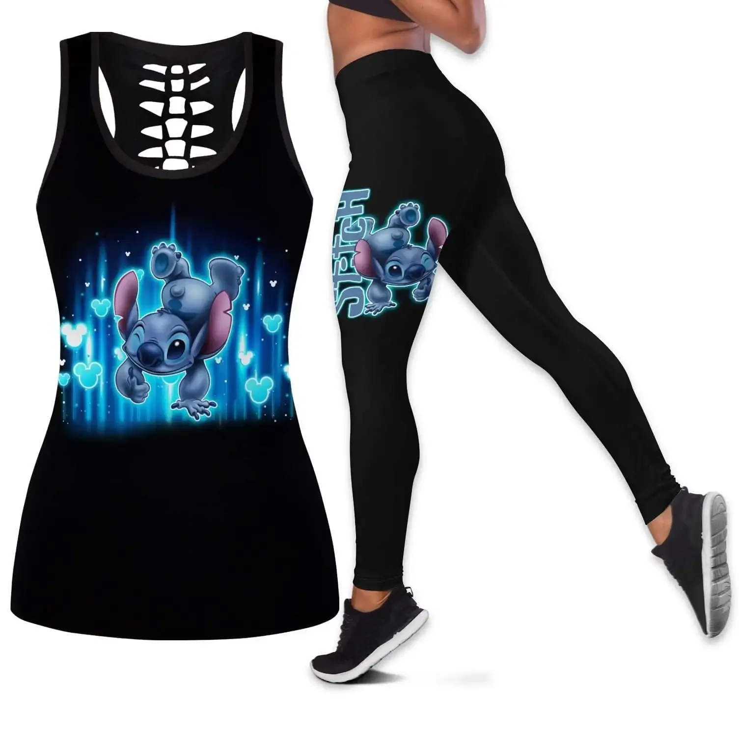 

New Stitch Women's Book Hollow Vest + Women's Leggings Yoga Suit Fitness Leggings Sports Suit Disney Tank Top Legging Set Outfit