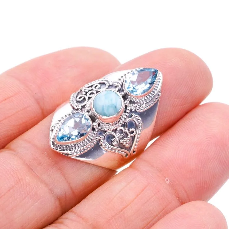 

StarGems®Натуральное синее кольцо Larimar ручной работы из искусственного серебра 6,75 F0688