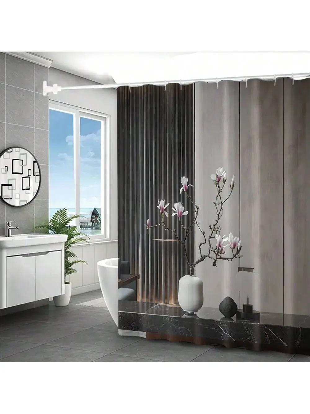 4pcs Modern style printing Shower Curtain Set With 12 Hooks, Anti-Slip Bathroom Mat, U-Shaped Toilet Rug, Bathroom Curtain Set 5