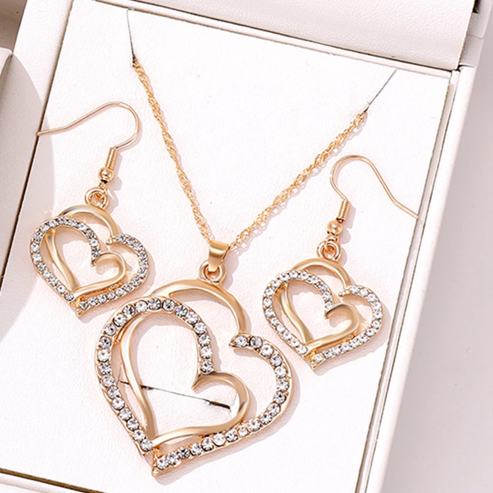4-piece Women Jewelry Set Creative Double Heart Diamond Necklace Earrings Bracelet