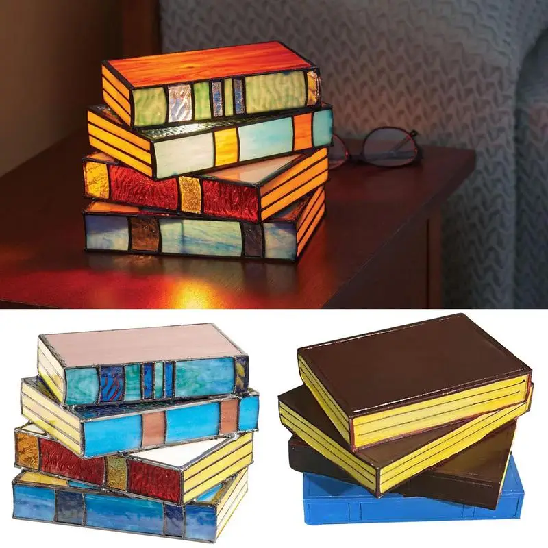

Stacked Books Lamp Nightstand Desk Lamps Resin Handicraft Stacked Books Light Stained Glass Table Desk Reading Light Decorative