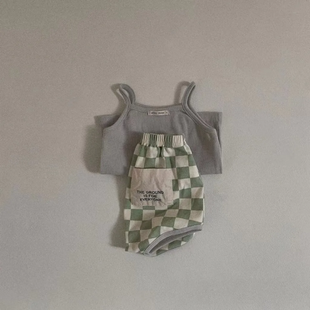2025 Summer New Baby Sleeveless Sling Vest Set Boy Girl Infant Plaid Shorts 2pcs Suit Cotton Toddler Casual Clothes Outfits 3