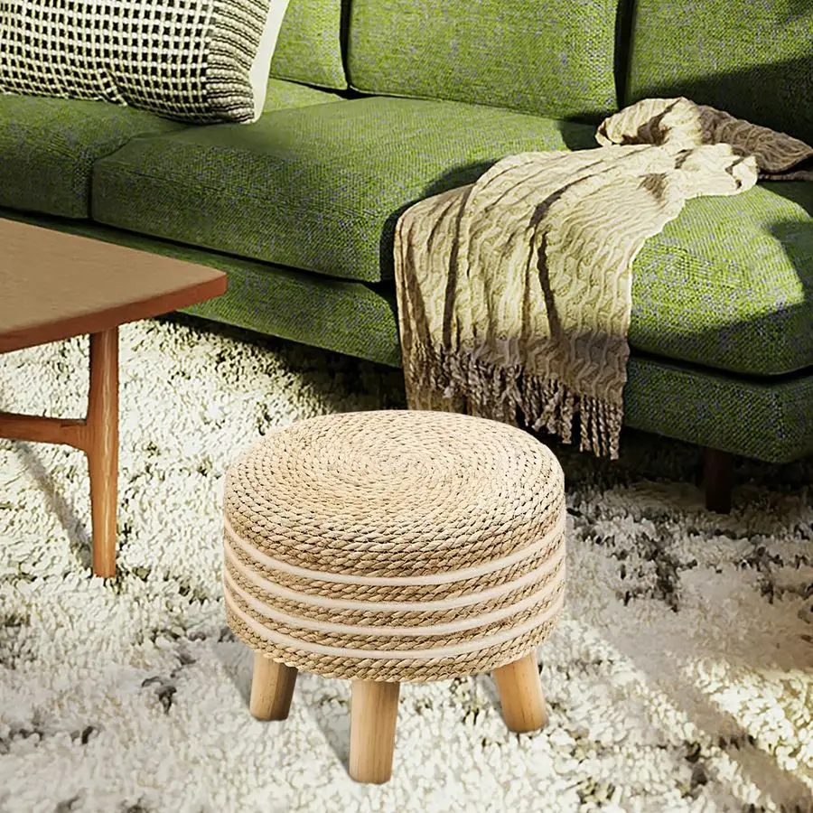 Round Seagrass Ottoman Footstool Handwoven Water Hyacinth Pouf with Solid Wood Legs Shoe Changing Stool Sturdy amp Stylish Footr