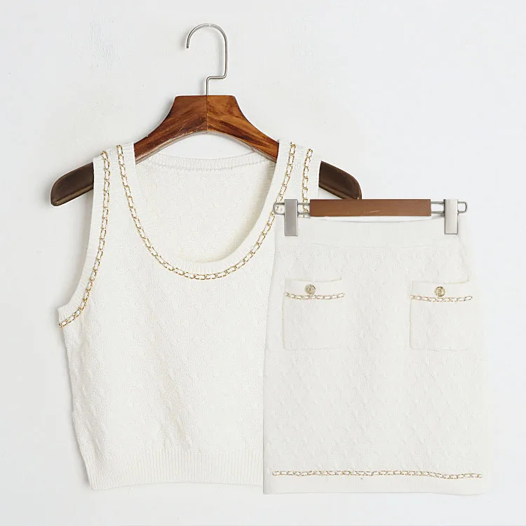 

Knitted top+skirt small fragrance chain set autumn/winter socialite off shoulder short knitted top/skirt 2-piece set