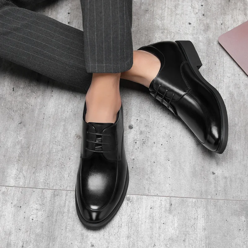 Men Black Height Shoes Heightening Shoes Leather Elevator Height Increase Increase Insole 6/8CM