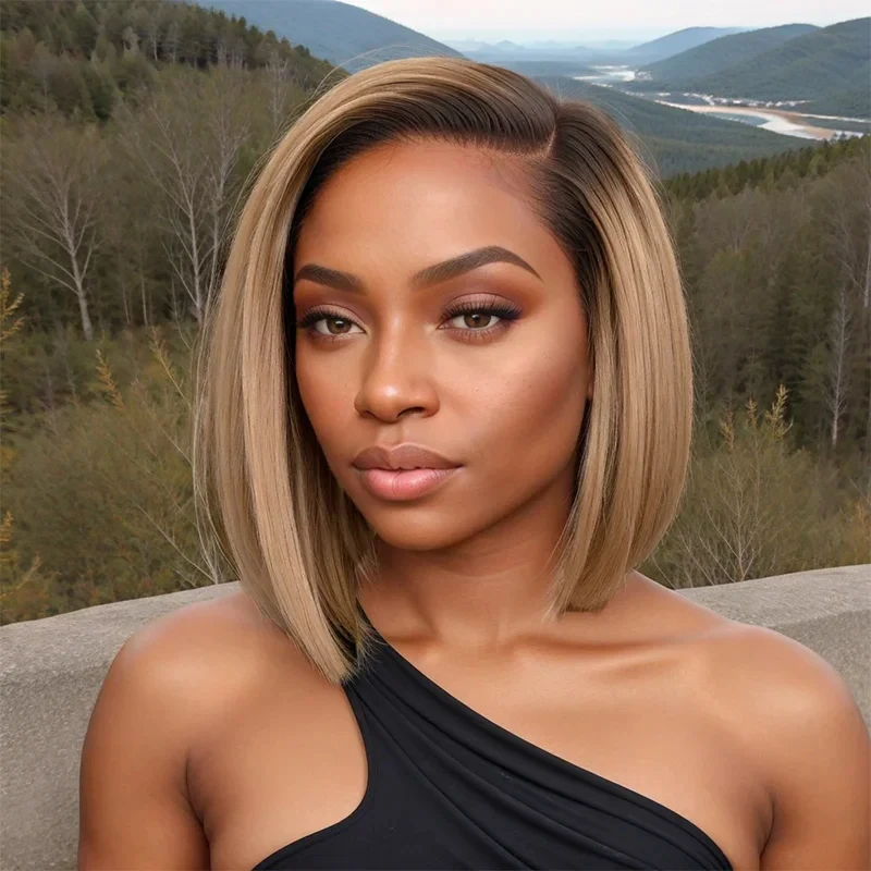 Women Human Hair Wig Light Ombred Brown Honey Blonde HD Lace Frontal Wigs Glueless Pre Plucked 13x4 Bob Straight Wig Small Mediu
