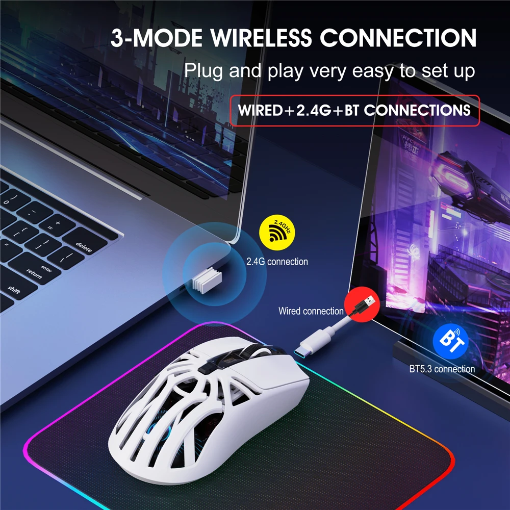 New T400 3-mode wireless gaming mouse 1000HZ 500mAh rechargeable 10000DPI USB-type C macro optical office mouse for pc