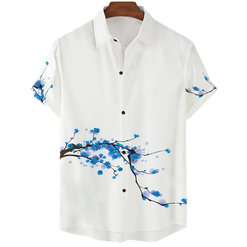 Pure White Simple Design Cherry Blossom Print Men's Casual Short Sleeve Shirt Summer Floral Casual Vacation Men's Top Oversized 2