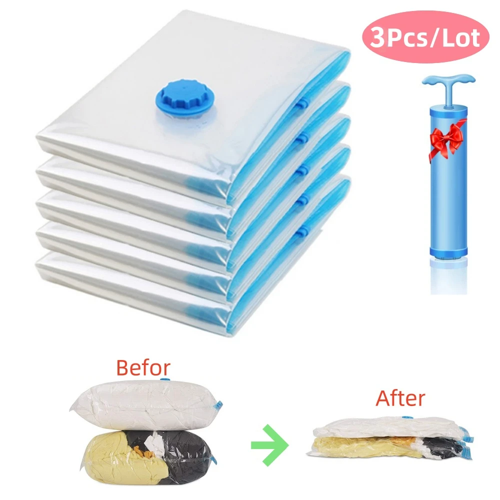 

Vacuum Storage Bags with Seal, Space Saving Bags for Comforters, Clothes, Pillow, Bedding, Blanket Storage, 3PCs