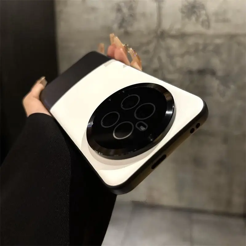 Luxury Plain Leather Stitching Contrast Glass Lens Film Back Cover